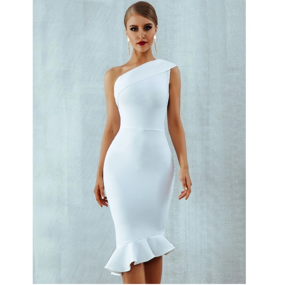 Bandage Asymmetrical Midi Dress White Ruffle Hem One Shoulder - Picture 7 of 16